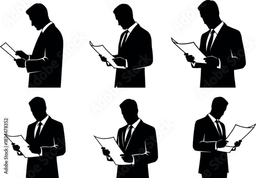 Six businessmen in silhouette reading papers in suits on white background – flavectorWeb
