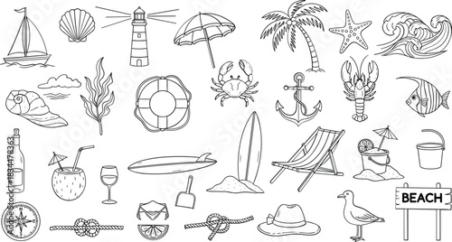 Whimsical hand drawn beach and nautical elements collection