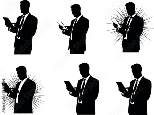 Six businessmen in silhouette using tablets with radiating lines on white background – flavectorWeb