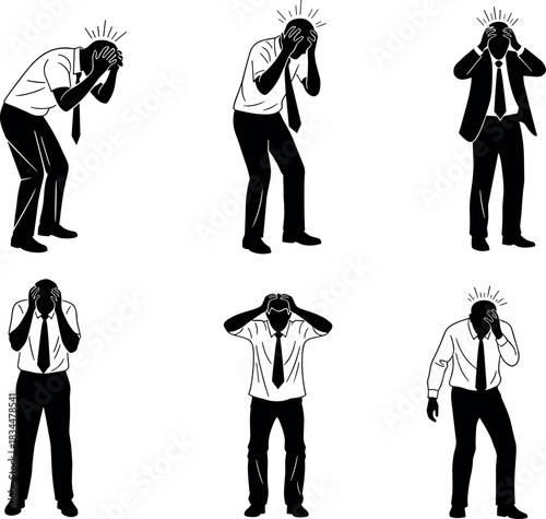 WebSix businesspeople in silhouette showing stress or frustration with head in hands – flavector