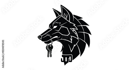 Sleek, stylized wolf head profile with a key in its mouth, representing mystery and access.