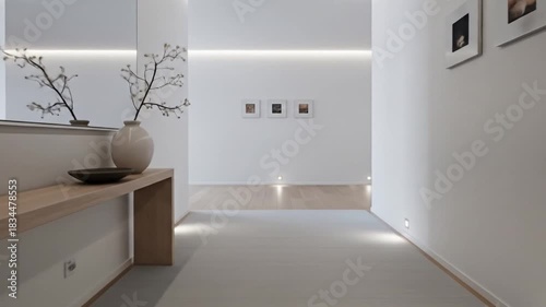 Modern minimalist hallway with elegant design elements and subtle lighting effects perfect for