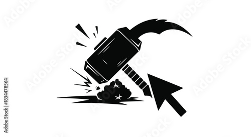 Hammer striking digital data with computer cursor clicking on broken pieces