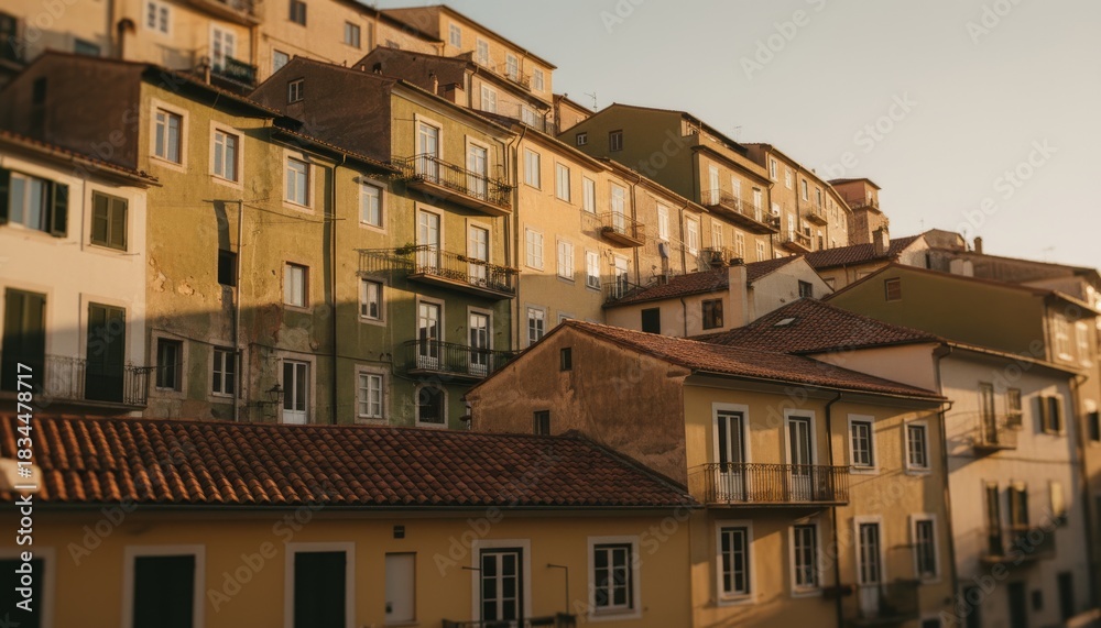 Naklejka premium Old colorful European residential buildings with terracotta roofs and small balconies are stacked on a hillside, bathed in the warm, golden light of a late afternoon sun