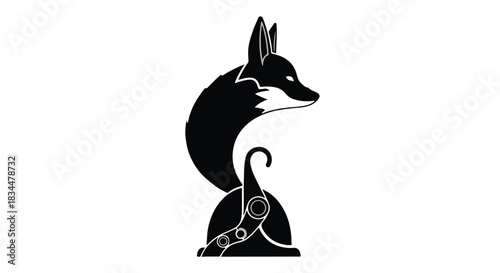 Stylized black fox silhouette with ornate armor and helmet, representing strength and wisdom.