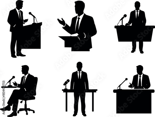 Six businesspeople in silhouette speaking at podiums or tables with microphones – flavectorWeb