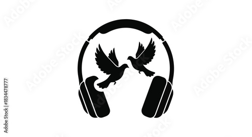 Two doves flying inside headphones, symbolizing peace and music