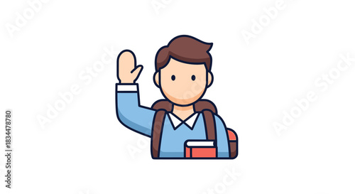 Cartoon illustration of a student raising hand with backpack.