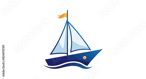 Blue sailboat with white sails on water, simple cartoon illustration.