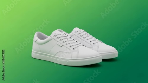 Modern White Sneakers Rotating on a Green Background - Stylish Footwear Product Showcase