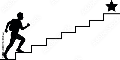 Success journey, silhouette, staircase climb, goal star, ambition, posture, black vector, achievement, motivation - flavector