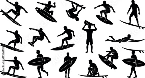Surfer silhouette, wave riding, beach sport, surfboard pose, black vector, ocean motion, lifestyle action - flavector