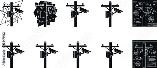 WebSurveillance camera pole silhouettes and schematics – flavector urban monitoring infrastructure vector illustration set