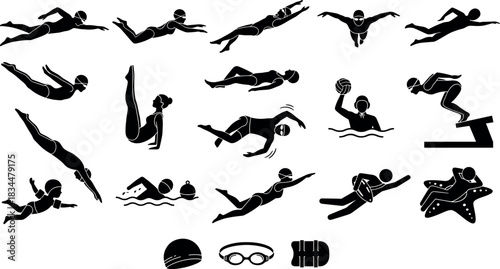 Swimming silhouette icons, freestyle, butterfly, water polo, kids, gear, goggles, kickboard, black illustration – flavector
