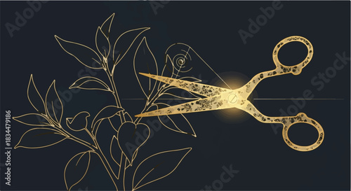 Golden scissors meticulously pruning delicate plant branches, symbolizing growth and careful cultivation.