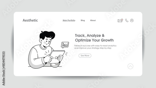 Man analyzing data on tablet for business growth, illustrated in a modern minimalist style for performance tracking, data analysis, optimization, strategy planning, and professional productivity