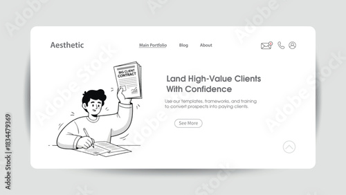 Man signing contract at desk with client, illustrated in a modern minimalist style for business agreements, professional contracts, partnership deals, corporate meetings