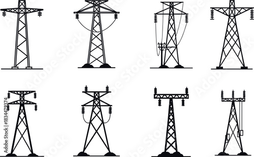 Transmission tower silhouettes, electric pylons, power lines, grid infrastructure, voltage support, energy network diversity - flavector