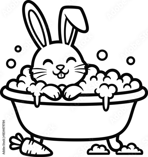 Adorable bunny enjoying a bubble bath with a carrot nearby