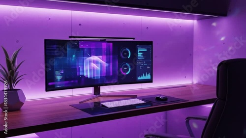 Modern workspace setup with curved monitor, keyboard and ambient purple lighting for design and