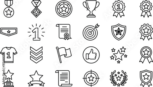 Awards and achievement line icons set featuring trophies, medals, badges, certificates, ranking symbols, targets, stars and champion recognition elements