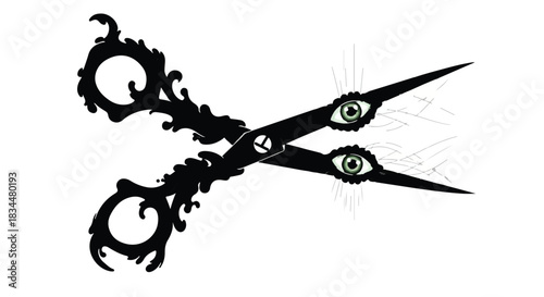 Ornate black scissors with watchful eyes, symbolizing observation and precision