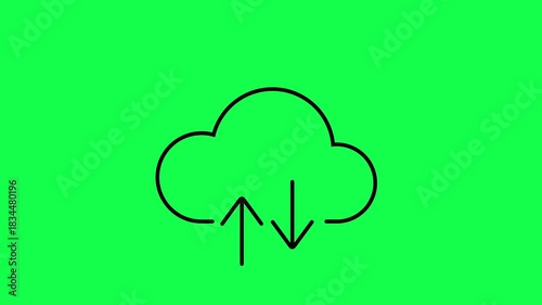 Animated cloud icon set featuring upload, download, sync, security, and storage symbols. Green screen compatible looped animations for tech, cloud computing, and data services.