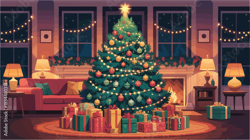 Cozy living room with decorated tree fireplace presents and festive lighting