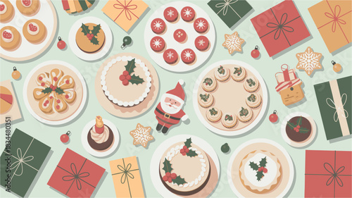 Festive christmas cakes gifts and decorations arranged overhead flat lay view
