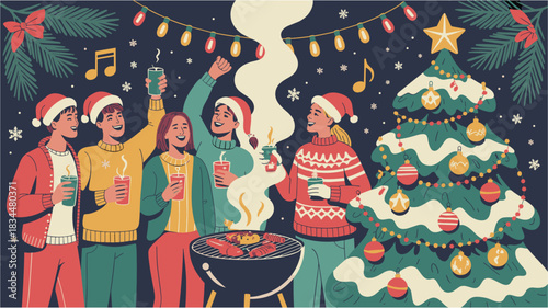 Group friends enjoy winter barbecue gathering around grill outdoors with happiness