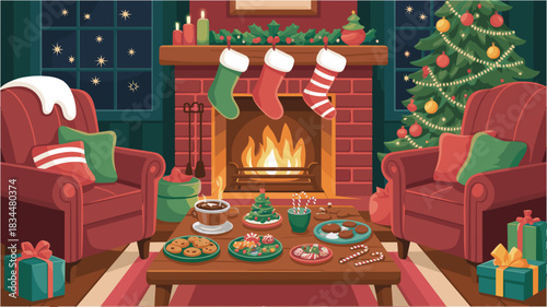 Festive winter fireplace scene with decorations and gifts for new year 2026