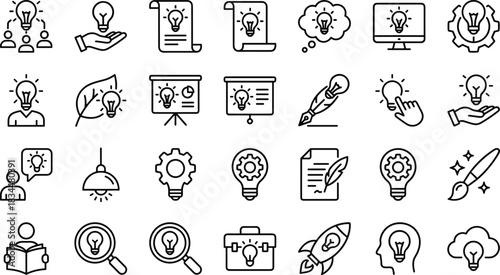 Creative innovation idea icon set featuring lightbulbs teamwork imagination presentation strategy tools writing research brainstorming outline vector illustration