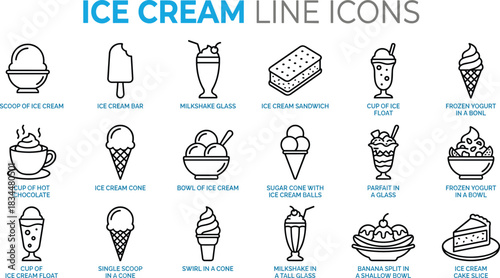 Ice cream dessert icon set featuring cones bowls milkshakes yogurt banana split parfait floats cake slice outline sweet treat vector illustration