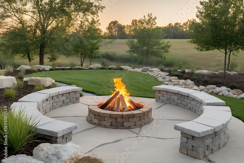 Cozy Outdoor Fire Pit with Circular Seating Area Surrounded by Lush Greenery Provides a Relaxing and Inviting Space