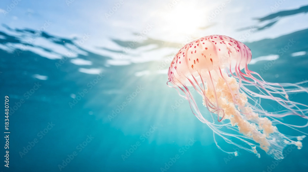 Fototapeta premium Delicate pink jellyfish drifting in tranquil blue ocean, light rays shimmering through the water surface, symbolizing underwater beauty