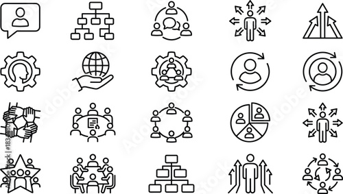 Teamwork leadership management icon set featuring organization charts collaboration groups communication skills growth development human resources outline vector illustration