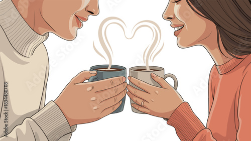 Couple Enjoying Coffee and a Steamy Heart Shape.