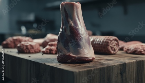 Raw lamb shank with exposed bone stands vertically on a rustic wooden butcher block, showcased with moody cinematic lighting in a professional butchery setting