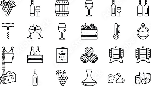 Wine production and beverage icon set with grapes bottles barrels glasses corkscrews cheese crate collection, outline vector illustration design