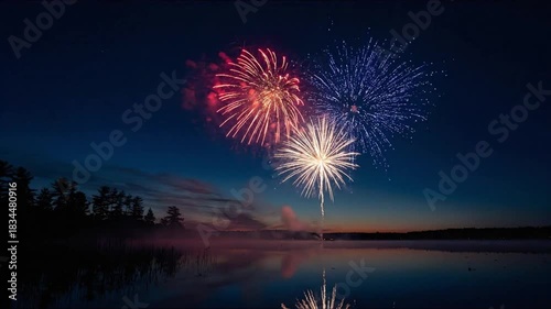 Patriotic Fireworks Bursting Over a Still Northern Lake at Sunset with Clear Stars for Elegant Independence Day Animation and Creative Visual Projects