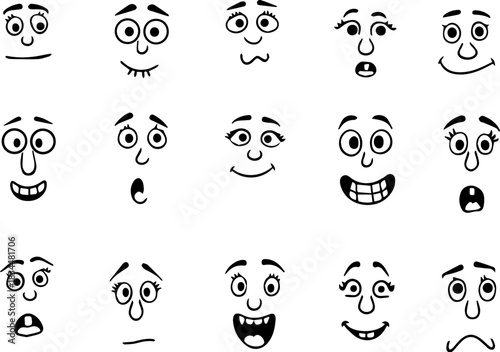 Cartoon retro faces. Vintage emotional face with mascot characters funny faces , eyes and mouths elements.	