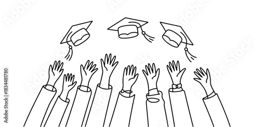 Celebrating graduation with hands tossing caps in the air