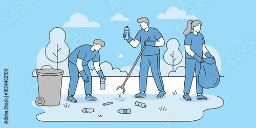 Community clean-up illustration, people picking litter, environmental care, teamwork outdoors, park cleaning, social responsibility, flat vector illustration