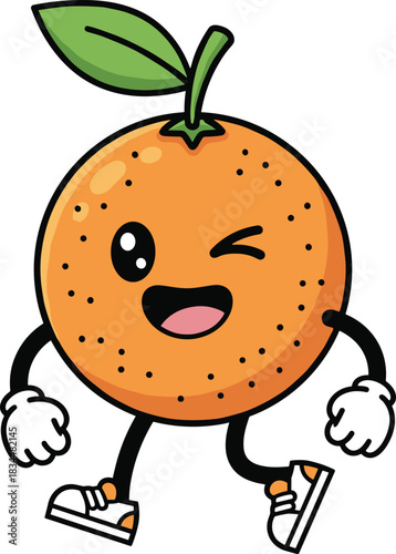 Cartoon orange character, fruit mascot, winking orange, cheerful face, kids content, healthy food, fun design, flat vector illustration