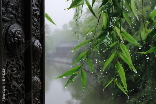 Bamboo leaves and water droplets on the wall of the Chinese temple