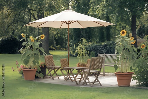 Serene Outdoor Seating Area with Umbrella, Table, Chairs, Sunflowers, and Bench nestled in a Lush Green Garden Setting