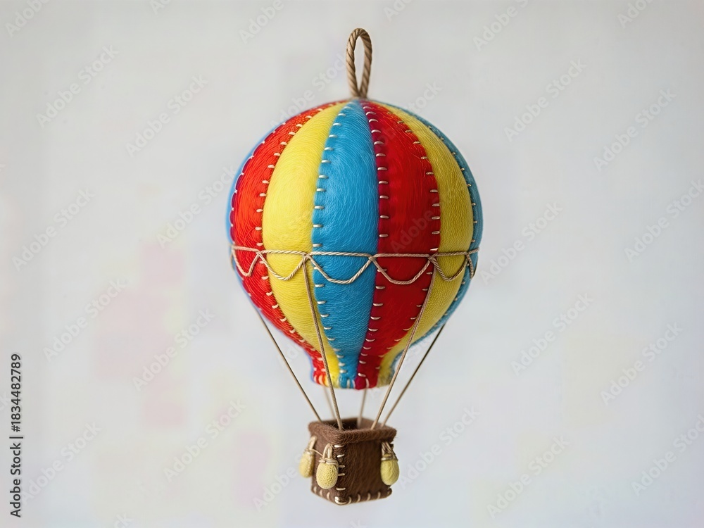Obraz premium Playful Miniature Felt Hot Air Balloon Ornament Colorful Striped Basket Whimsical Isolated Cute Christmas