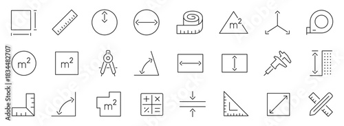 Measure thin line icons set. Area, dimension, size, diameter, measurement. Editable stroke. Vector