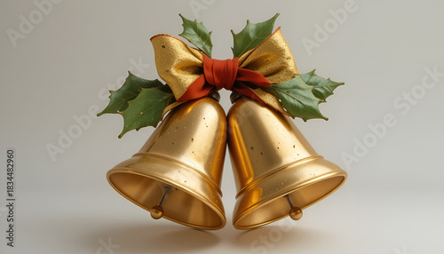 Two shiny golden jingle bells adorned with a textured gold bow and vibrant green holly leaves hanging together for a festive holiday decoration