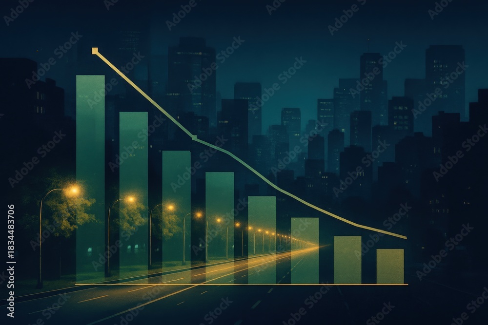 Obraz premium Urban Line Chart Representing Economic Decline Illuminated by Streetlights in a Nocturnal Cityscape Emphasizing Contemporary Urban Dynamics captured with clarity